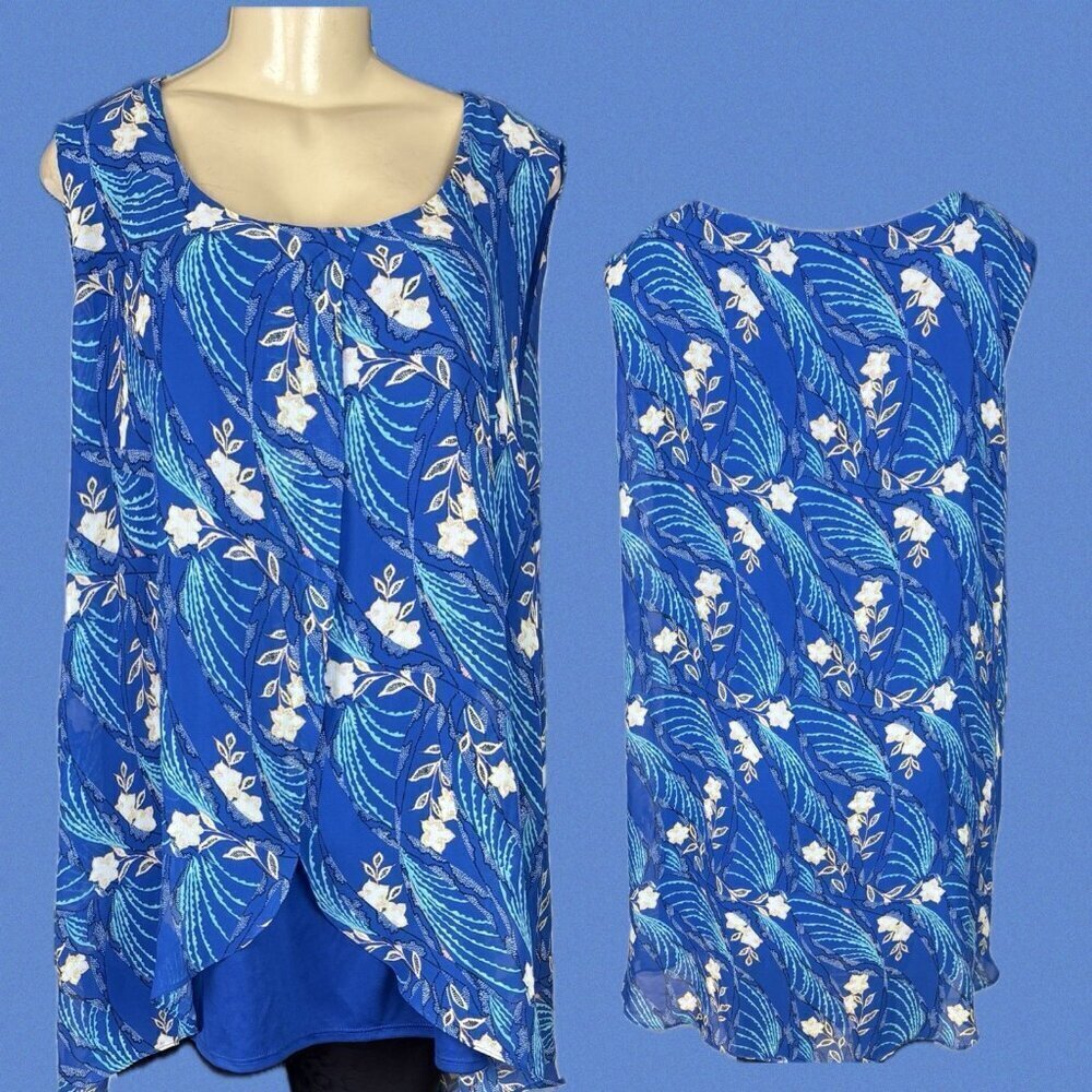 Simply Emma +3X Blue Floral Lined Split Front Step-Hemline Sleeveless Blouse